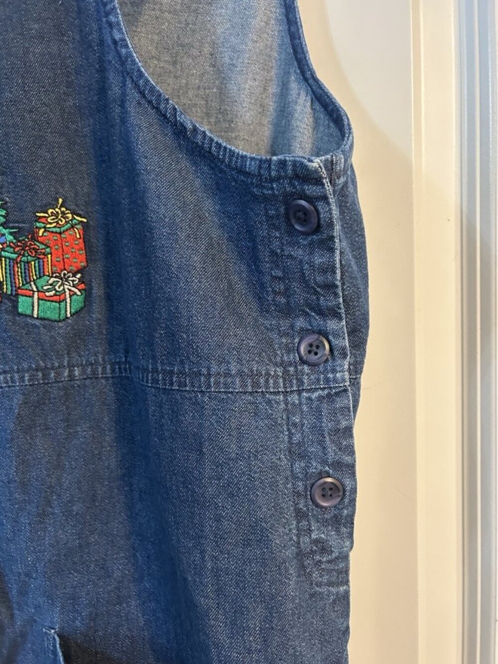 Vintage Christmas Dress Size Petite Medium Jean Denim Embroidered Midi Tacky Fun - Picture 8 of 13